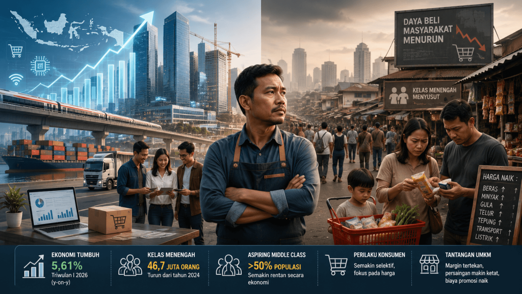 Ilustrasi editorial mengenai kondisi UMKM Indonesia pertengahan 2026 yang menggambarkan pertumbuhan ekonomi nasional, digitalisasi usaha, perubahan perilaku konsumen, serta tekanan daya beli masyarakat dan kelas menengah terhadap keberlanjutan usaha mikro kecil dan menengah.