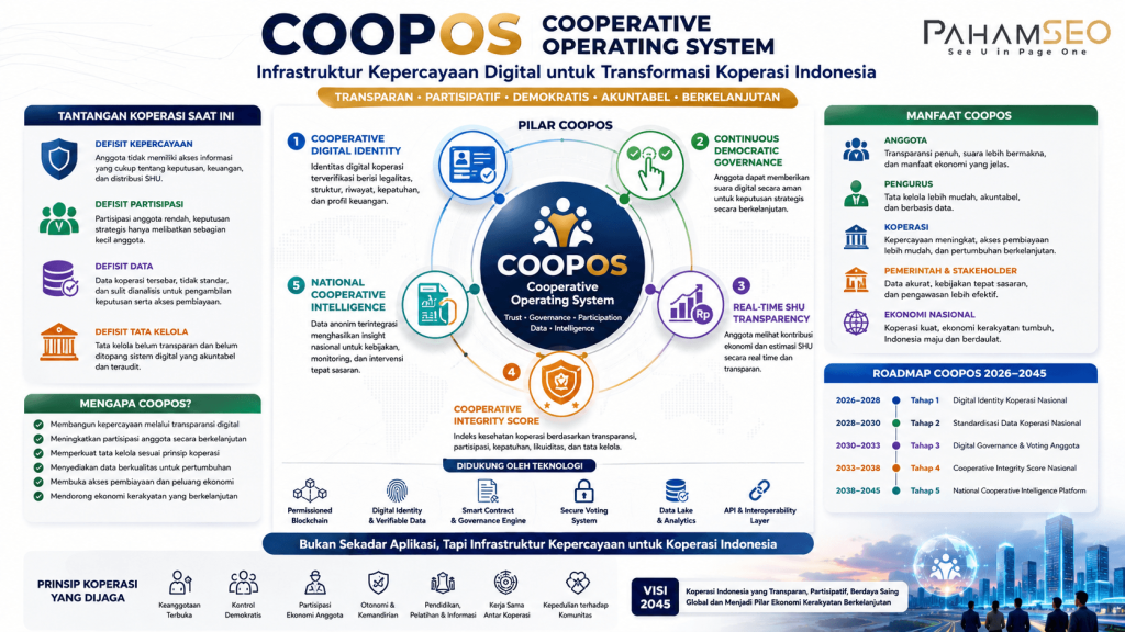 Infografis CoopOS (Cooperative Operating System) yang menampilkan konsep infrastruktur kepercayaan digital untuk transformasi koperasi Indonesia melalui transparansi, partisipasi anggota, tata kelola digital, blockchain terverifikasi, dan Cooperative Integrity Score. Visual edukasi strategis oleh PahamSEO.
